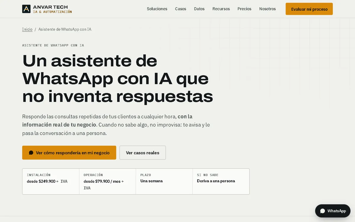 Landing del asistente de WhatsApp con IA, con precios y botón a WhatsApp